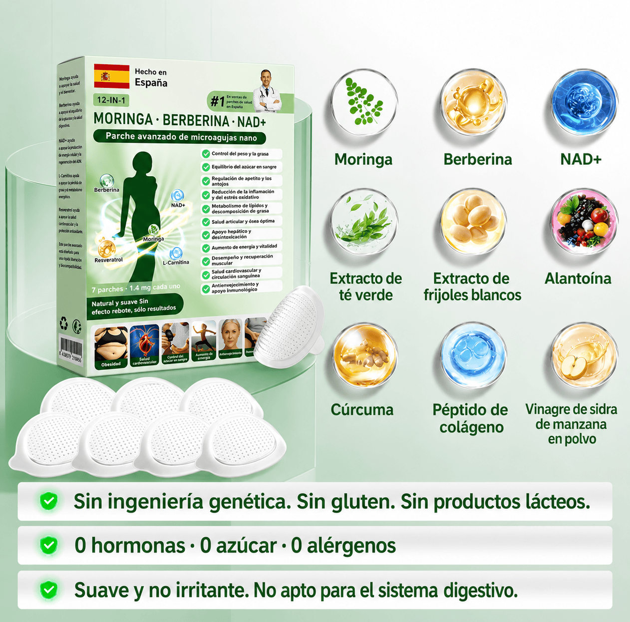 🇪🇸 Parche avanzado de microagujas con moringa, berberina y NAD+ 10 en 1