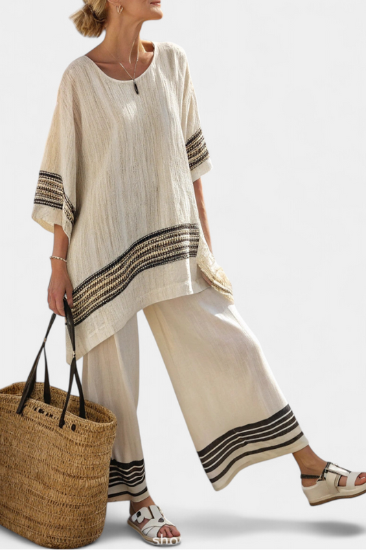 Harlowe | Top de lino elegante a rayas negras y pantalones fluidos