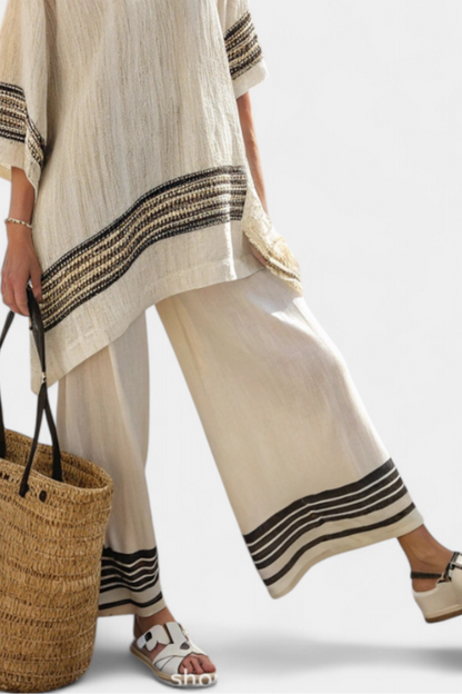 Harlowe | Top de lino elegante a rayas negras y pantalones fluidos