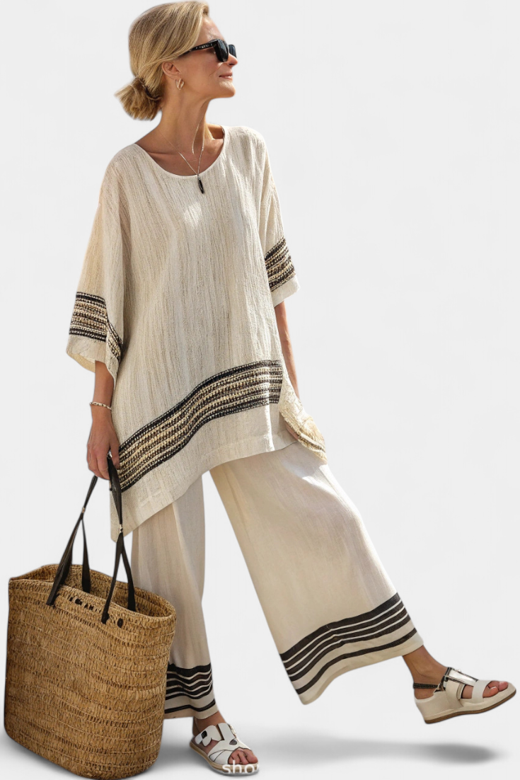 Harlowe | Top de lino elegante a rayas negras y pantalones fluidos