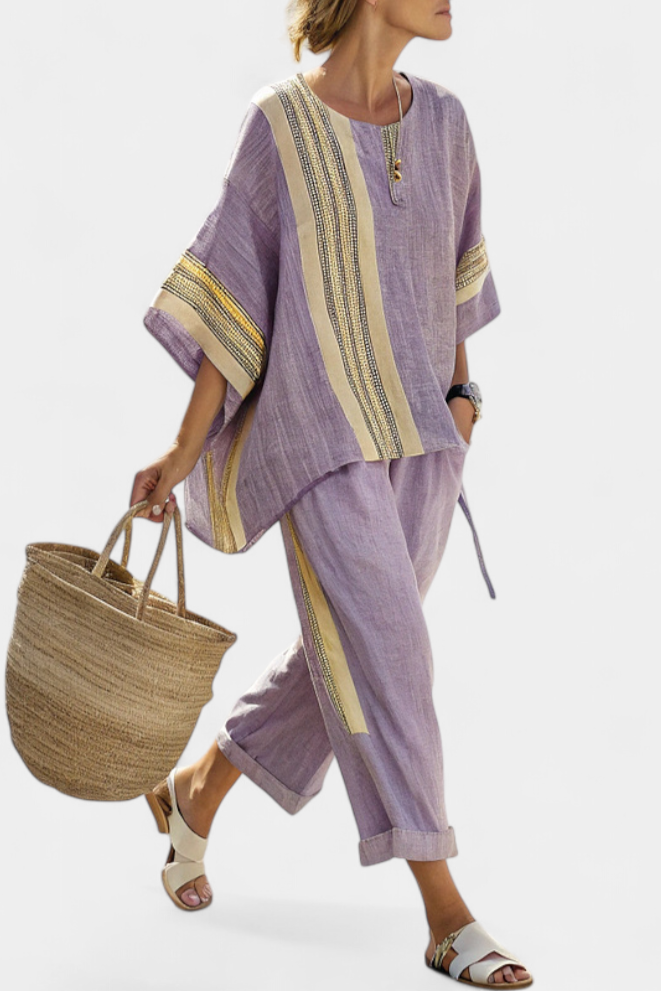 Elric | Elegante top color lavanda y pantalones a rayas mostaza