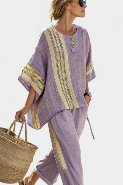 Elric | Elegante top color lavanda y pantalones a rayas mostaza