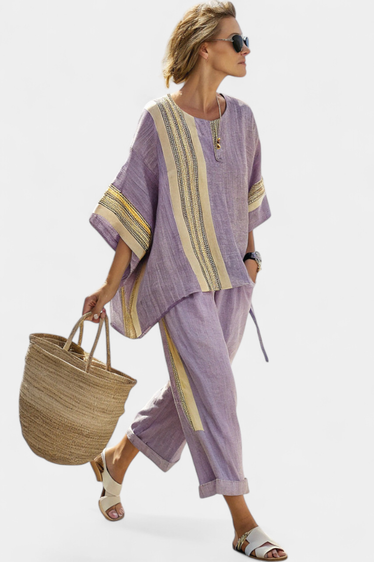 Elric | Elegante top color lavanda y pantalones a rayas mostaza
