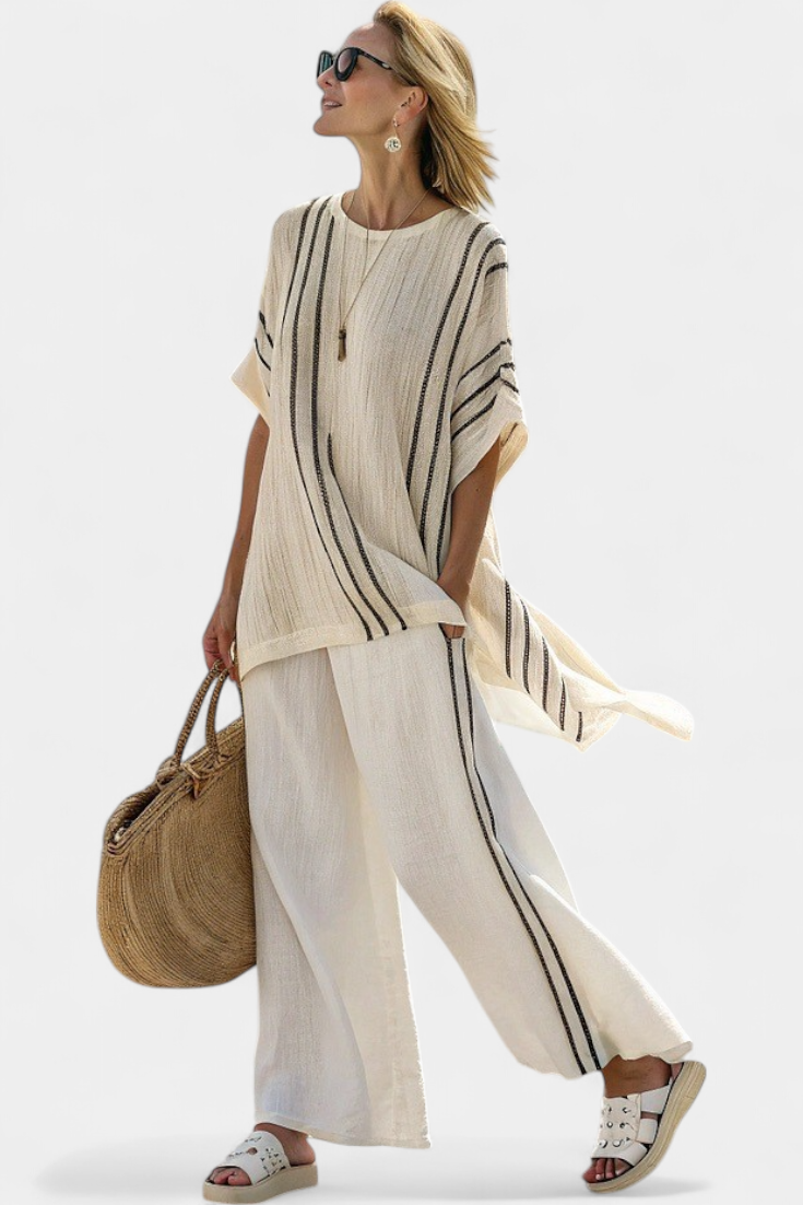Greysen | Blusa elegante de lino color marfil y pantalones a rayas negras