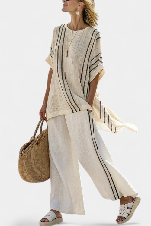 Greysen | Blusa elegante de lino color marfil y pantalones a rayas negras