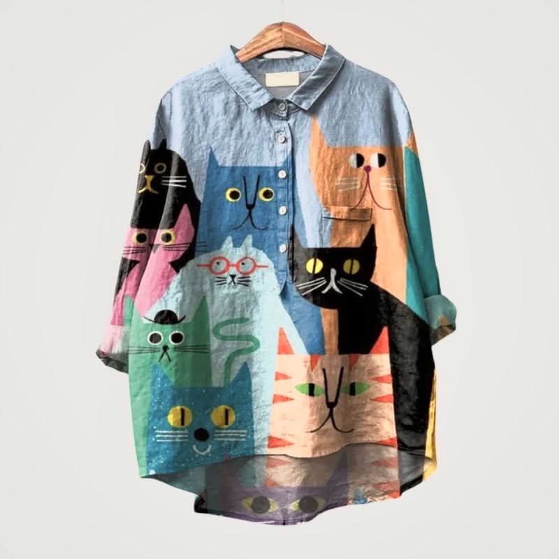 Liliana™ | Blusa in Lino Senza Tempo con Gatti Colorati per Comfort