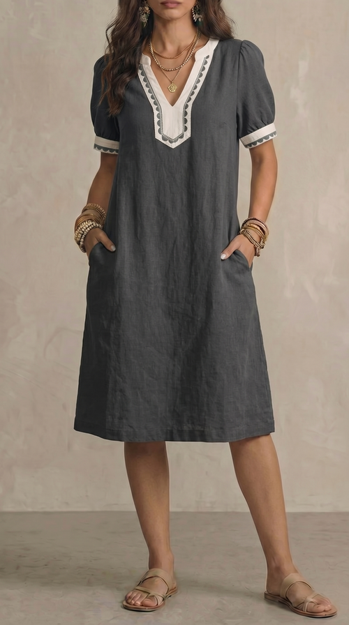 Loose-fit Patchwork Lace Cotton Short-sleeve Dress