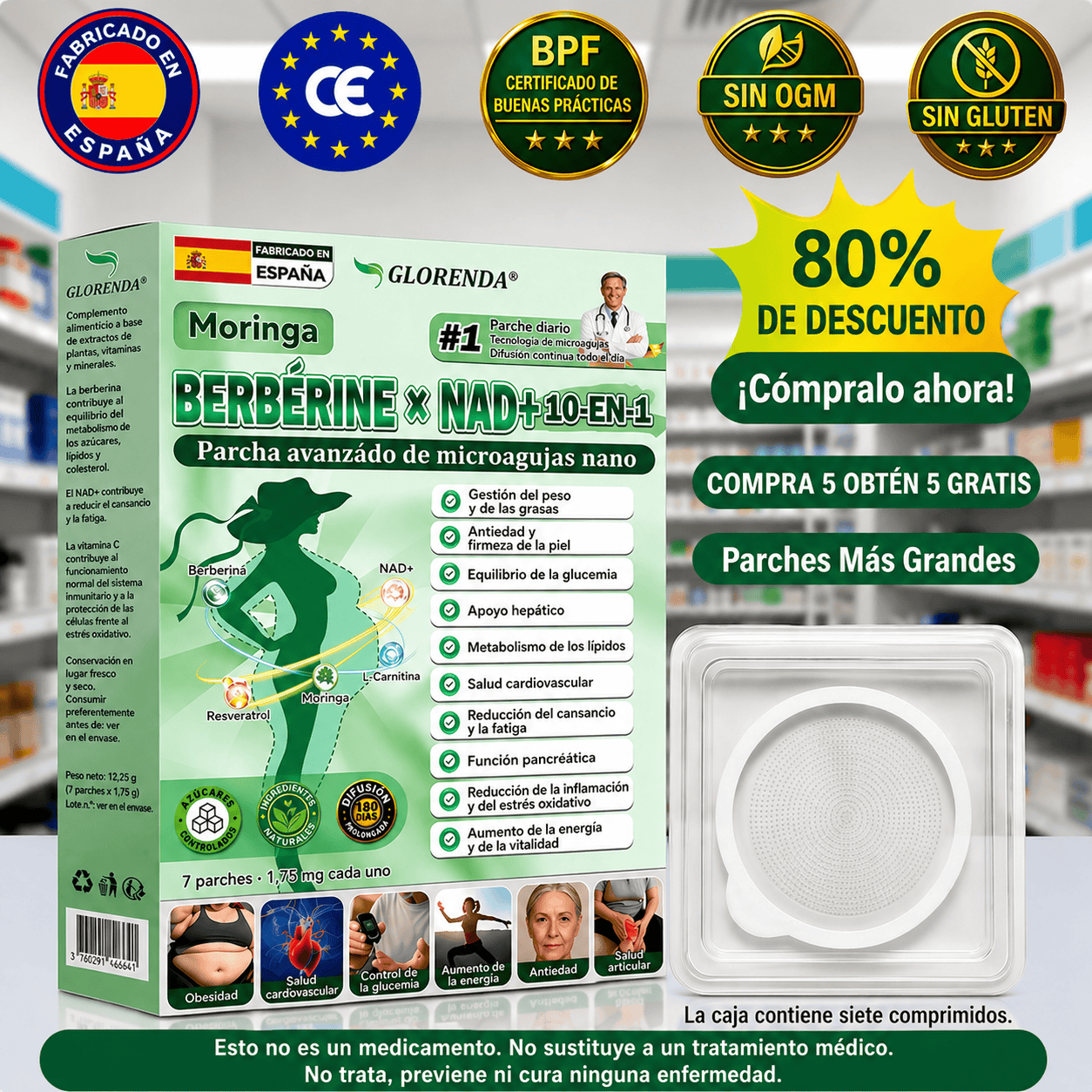 🇪🇸 Parche avanzado de microagujas con moringa, berberina y NAD+ 10 en 1